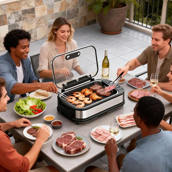 Electactic Indoor Smokeless Grill & Griddle, Nonstick Electric Grill with Adjustable Temperature Control, Dishwasher-Safe Parts and Auto Shut-Off for Everyday Cooking