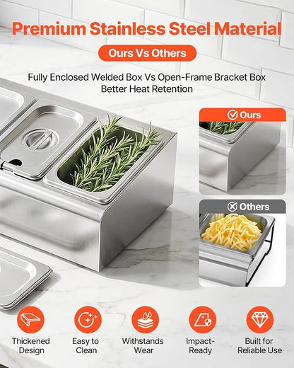 VEVOR Countertop Food Serving Display Container, Stainless Steel Food Salad Server Tray, Buffet Condiment Dispenser, Ice Cooled Rack with Separate Lid, for Restaurant Hotel Kitchen (2x1/6+3x1/9 Pan)