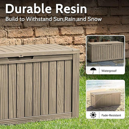 90 Gallon Deck Box Outdoor Storage Box Waterproof for Patio Furniture,Outdoor Cushions,Garden Tools and Pool Supplies,Lockable, Resin and Easy to Install Grey