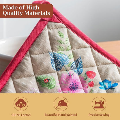 Maison d' Hermine Pot Holders 100% Cotton Potholders (8" x 8", Pack of 1) | Heat Resistant Hot Pads with Loop BBQ Cooking Baking Farmhouse Kitchen Handling Hot Pans Spring Summer - Jardin D'Ete - Fog
