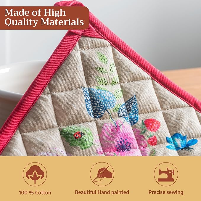 Maison d' Hermine Pot Holders 100% Cotton Potholders (8" x 8", Pack of 2) | Heat Resistant Hot Pads with Loop BBQ Cooking Baking Farmhouse Kitchen Handling Hot Pans Spring Summer - Jardin D'Ete - Fog
