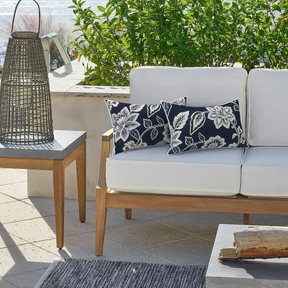 LVTXIII 2 Pack Outdoor Lumbar Pillow Covers 12x20 Inch with Piping, Water-Repellent Back Cushion Covers ONLY for Patio Furniture, Sofa, Garden Bench, Elegant Vines Navy