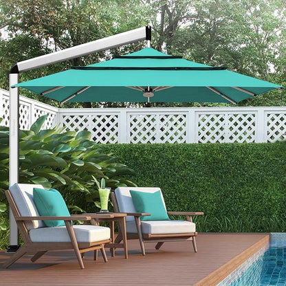 EliteShade USA Atlas 3-Tier 10x10FT Full Aluminum Cantilever Patio Umbrella for Outdoor restaurant Garden Courtyard Deck Pool and Marketing with Light,Teal