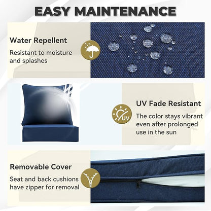 Luxury Outdoor Cushions Set 24 x 22 Inch, 5" Thick Olefin Patio Furniture Cushions, 30D Sponge Filling Fade Waterproof Fade Resistant with Removable Covers and Lumbar Pillow, Midnight Blue