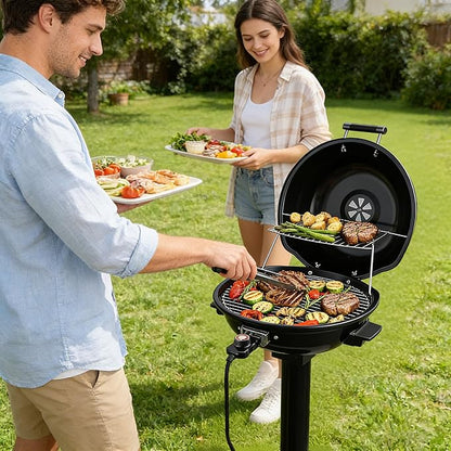 Electric Grill Outdoor, CUSIMAX Electric BBQ Grill, 1600W Portable BBQ with Lid for Cookouts, BBQ Gatherings, Small Spaces, Adjustable Heat, Removable Stand Grill, Oil Collector