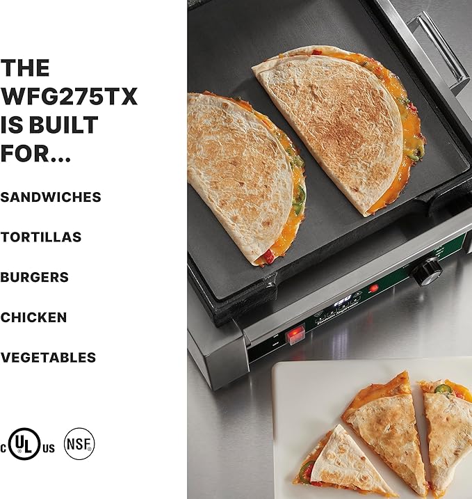 Waring Commercial Panini Press with Programmable Timer, Flat Cast Iron Plates, 14" x 14" Cooking Surface, 570°F Adjustable Thermostat, for Sandwiches up to 3" Thick, 120V, WFG275TX