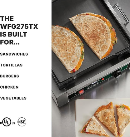 Waring Commercial Panini Press with Programmable Timer, Flat Cast Iron Plates, 14" x 14" Cooking Surface, 570°F Adjustable Thermostat, for Sandwiches up to 3" Thick, 120V, WFG275TX