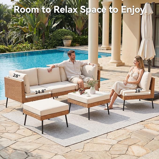 Aoxun 6-Piece Patio Furniture Set, Wicker Outdoor Furniture with Water Resistant Thick Cushions, Patio Conversation Set Outdoor Sectional Sofa with Coffee Table for Backyard Poolside, Beige