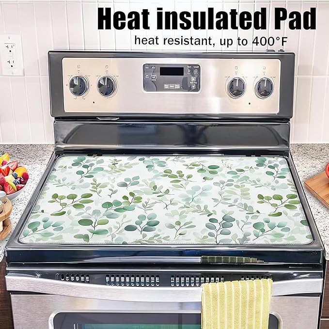 Electric Stove Top Cover,Eucalyptus Leaves Stove Cover for Glass Top Electric Stove,Watercolor Green Leaf Heat Resistant Flat Top Stove Mat Countertop Protector, 28 x 20 Inch