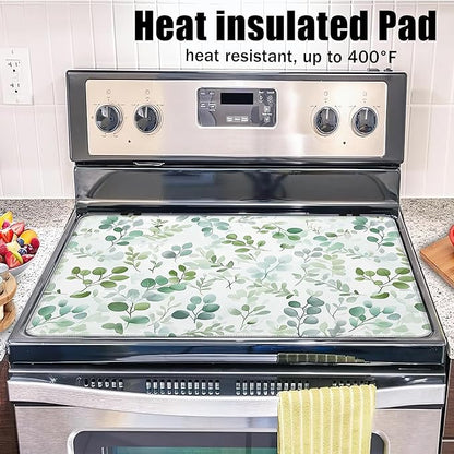 Electric Stove Top Cover,Eucalyptus Leaves Stove Cover for Glass Top Electric Stove,Watercolor Green Leaf Heat Resistant Flat Top Stove Mat Countertop Protector, 28 x 20 Inch