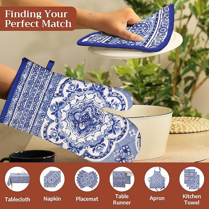 Maison d' Hermine Pot Holders 100% Cotton Heat Resistant Potholders 8" x 8" Hot Pads with Loop BBQ Cooking Baking Hotel Farmhouse Kitchen Handling Hot Pans Spring Summer (Pack of 2, Melodie Bleue)