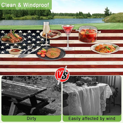 JAWO Fitted Picnic Table and Bench Cover, Vintage American Flag Pledge of Allegiance Print Waterproof Elastic Picnic Tablecloth for Outdoor Patio Camping Backyard Park, 30X72inch