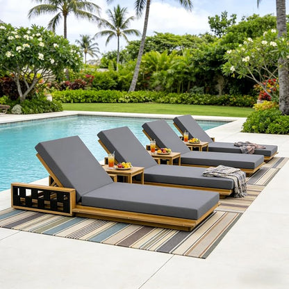 Merax Outdoor Chaise Lounge Set of 4, Acacia Wood Patio Reclining Chairs with 4-Position Adjustable Backrest, 4-Piece Sunbathing Recliner & 4" Thick Double-fold Cushion for Poolside, Garden, Dark Gray