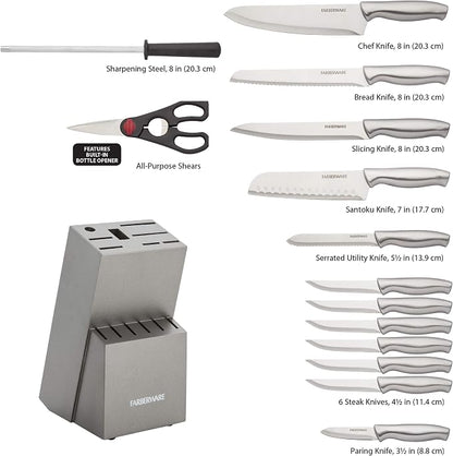 Farberware 15-Piece Knife Block Set, High Carbon Stainless Steel Kitchen Knife Set with Graphite Block, Chef Knife, Bread Knife, Santoku, Steak Knives, and Sharpening Steel