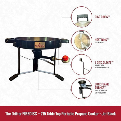 FIREDISC 215 Limited Edition Ultra Portable Tabletop Propane Cooker in Jet Black TCGFD215B, 16.5-in. Plow Disc Camping Stove is an Ideal Portable Stove, Tailgate Grill, Propane Outdoor Cooking