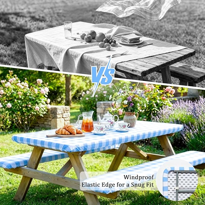 Poise3EHome Picnic Table Cover with Bench Covers, 6 Foot Fitted Elastic Tablecloth Set, Heavy Duty Polyester with TPU Waterproof Backing, Washable Outdoor Picnic Set for Camping, RV & Park(Blue&White)
