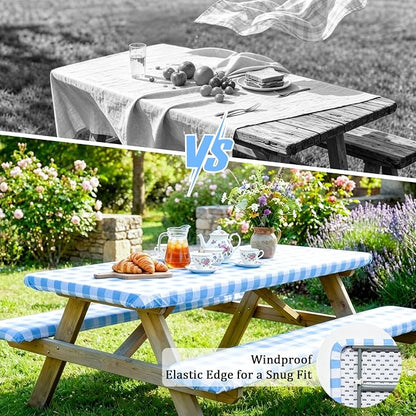 Poise3EHome Picnic Table Cover with Bench Covers, 6 Foot Fitted Elastic Tablecloth Set, Heavy Duty Polyester with TPU Waterproof Backing, Washable Outdoor Picnic Set for Camping, RV & Park(Blue&White)