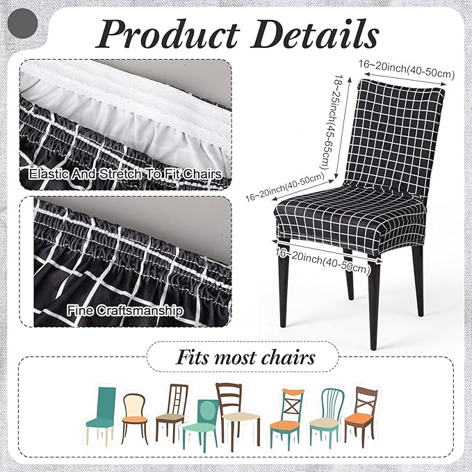 7 Pcs Black Grid Tablecloth and Chair Covers Set 60 x 84 Inch Waterproof Stain Resistant Rectangular Table Cover with Stretchable Removable Chair Slipcovers for Dining Room Patio Summer Party