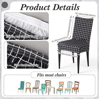 7 Pcs Black Grid Tablecloth and Chair Covers Set 60 x 84 Inch Waterproof Stain Resistant Rectangular Table Cover with Stretchable Removable Chair Slipcovers for Dining Room Patio Summer Party