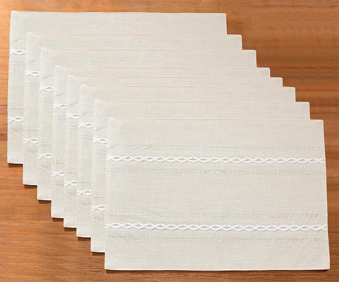 Wracra Cotton Linen Place Mats, Ivory Embroidered Placemats Set of 8 | Placemats 12 x 18 Inch; Cotton Linen Woven Fabric; Heat Resistant Table Mats; Raised Embroidered Hollow Design