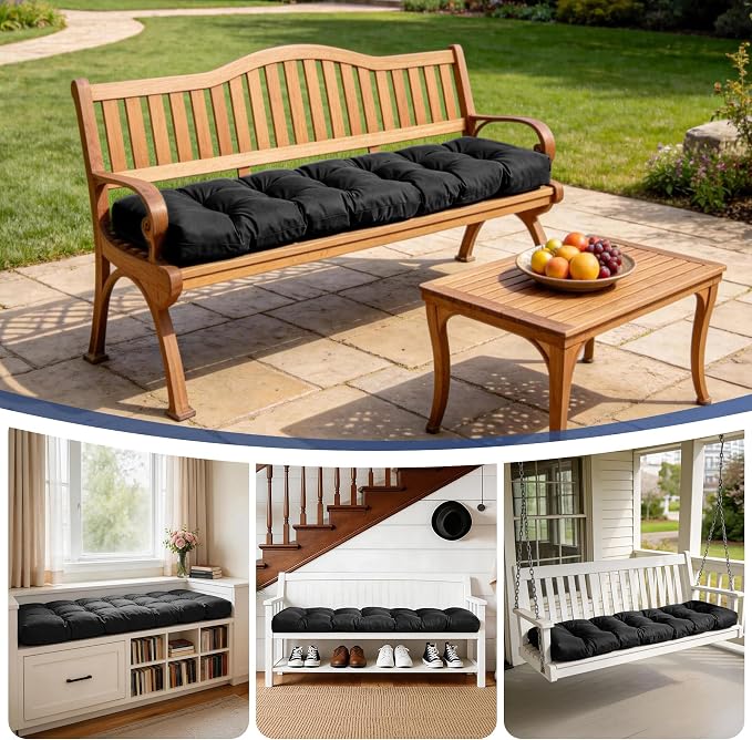 IASEAHK Outdoor Bench Cushion 59x18x5 Inch, Waterproof & Fade-Resistant Patio Furniture Cushions, Tufted Memory Foam Indoor/Outdoor Cushions for Couch Swing with Non-Slip Backing & Straps, Black