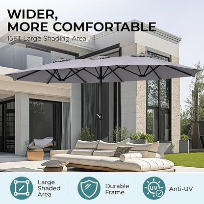15ft Patio Umbrella with Base, 10-Year-No-Fade Large Outdoor Double-Sided Market Umbrella with UPF50+Terylene Polyester Fabric and Crank for Poolside Garden Deck Backyard Beach Pools