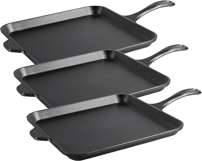 Lodge Seasoned Cast Iron Square Griddle - 11 Inches - Durable Pan - Cast Iron Cookware for Pancakes, Eggs, Bacon & Grilling Favorites (Pack of 3)