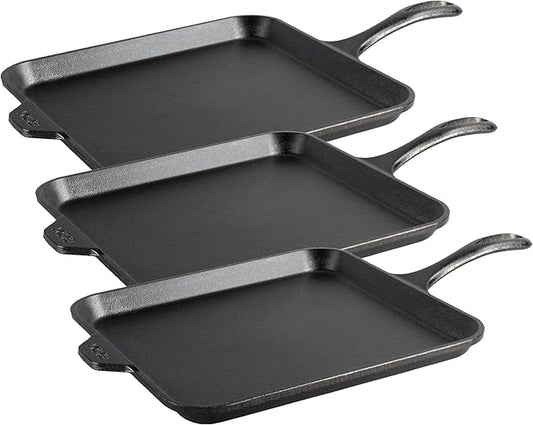 Lodge Seasoned Cast Iron Square Griddle - 11 Inches - Durable Pan - Cast Iron Cookware for Pancakes, Eggs, Bacon & Grilling Favorites (Pack of 3)