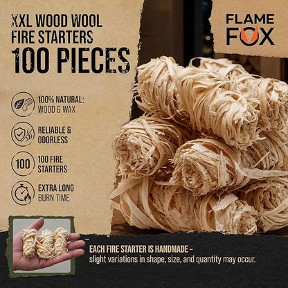 FlameFox Fire Starters 100 pcs – Natural Wood Wool Tumbleweed Fire Starter – Odorless Long Burning and Eco Friendly Firestarters – for Fireplace, Campfire, Grill, BBQ, Charcoal, Wood Stove & Fire Pit