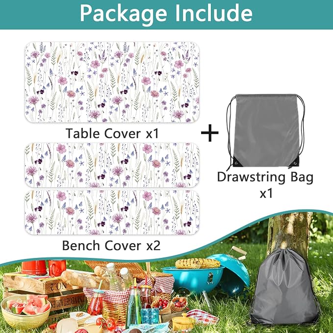 Floral Picnic Table Cover with Bench Covers and Bag, Rustic Wildflower Waterproof Windproof Washable Camping Table Camping Essentials Cover with Elastic Edges, 3 Pcs Set 30x60 Inch