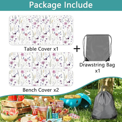 Floral Picnic Table Cover with Bench Covers and Bag, Rustic Wildflower Waterproof Windproof Washable Camping Table Camping Essentials Cover with Elastic Edges, 3 Pcs Set 30x96 Inch