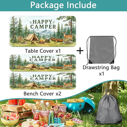 Picnic Table Cover with Bench Covers and Bag, Camping Essentials, Funny Wildlife Animals Forest Mountain Waterproof Windproof Camping Tablecloth, Fitted Rectangle Tables and Seats, 3 Pcs, 30x96 Inch