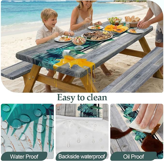 Picnic Table Cover Bench Covers Camping Essentials Tablecloth | Waterproof Vinyl for Outdoor, Windproof Elastic Fitted Edges, RV BBQ Accessories Must Haves, Storage Bag Included