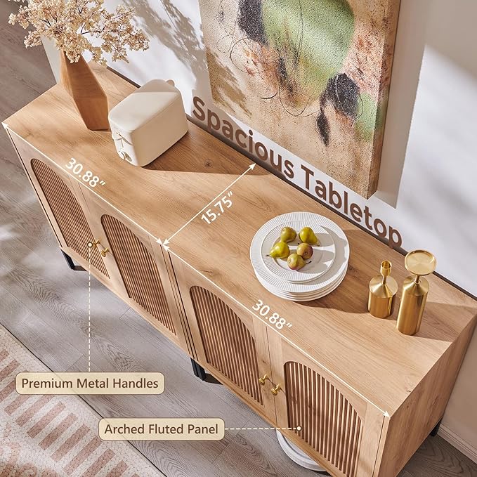 IFGET Modern Buffet Cabinet with Storage, 61.75" W Fluted Arched Sideboard Cabinet w/Adjustable Shelves, Wooden Modular Coffee Bar for Dining Room, Kitchen, Living Room, Entryway, Natural