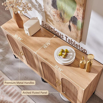 IFGET Modern Buffet Cabinet with Storage, 61.75" W Fluted Arched Sideboard Cabinet w/Adjustable Shelves, Wooden Modular Coffee Bar for Dining Room, Kitchen, Living Room, Entryway, Natural