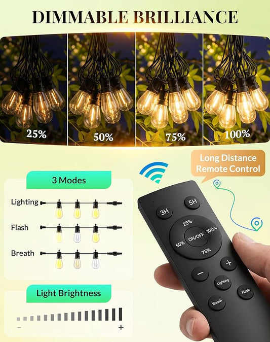 Outdoor String Lights LED Patio-Light - 150Ft Outside Waterproof Dimmable Porch Lights with Remote Shatterproof S14 Bulbs Outside Hanging Light Connectable Lighting for Gazebo Backyard Bistro Pergola