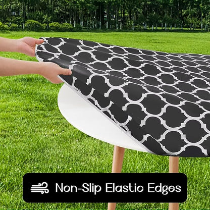 Romanstile Round Fitted Vinyl Tablecloth with Elastic Edge 100% Waterproof | Table Covers for 45"- 56" Tables, Wipeable Flannel Backed Plastic Table Cloths for Dinner Picnic Camping, BlackMoroccan
