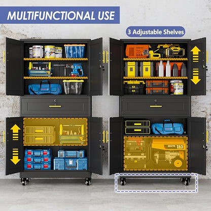 71" Metal Garage Storage Cabinet with Wheels and Locking Doors and Tall Rolling Steel Tool Cabinet with 3 Adjustable Shelves for Garage,Home,Office,Shop (Black, 71" H x 35.43W x 15.74" D)