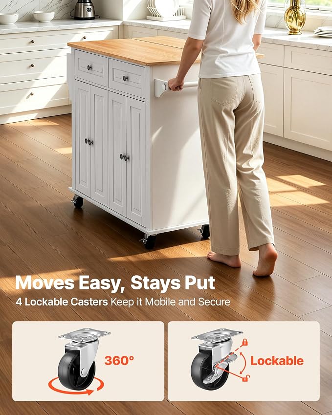 VEVOR Kitchen Island Cart with Storage, 43.58 in Wide Mobile Rolling Storage Island on Swivel Wheels, with 2 Drawers, Storage Cabinet, Drop Leaf, Spice/Towel Rack, Table for Home Dining Room, White