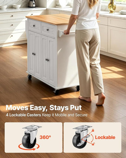 VEVOR Kitchen Island Cart with Storage, 43.58 in Wide Mobile Rolling Storage Island on Swivel Wheels, with 2 Drawers, Storage Cabinet, Drop Leaf, Spice/Towel Rack, Table for Home Dining Room, White