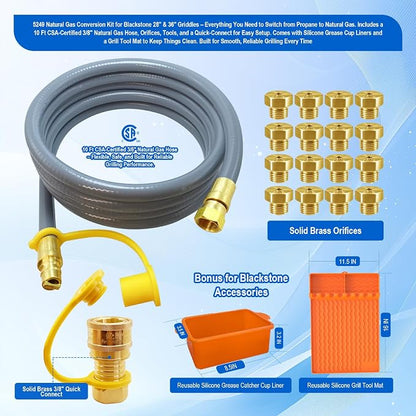 5249 Natural Gas Conversion Kit for Blackstone Grill 28" 36" Griddle,for Blackstone Natural Gas Conversion Kit w/10 FT Natural Gas Hose,Silicone Grill Tool Mat,Grease Cup Liner,3/8" Quick Connect Etc.
