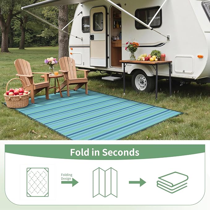 GENIMO Outdoor Rug, Waterproof Plastic Rugs for Patio, 6'x9' Light Blue | Outside Larger Modern Carpet Mat for Porch Decor, Deck, Balcony, Camping, RV, Backyard, Picnic, Beach, Reversible, Foldable