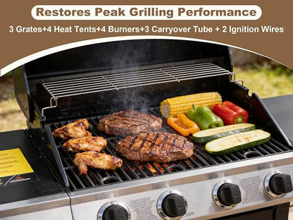 Grill Replacement for Charbroil Performance 4-Burner Gas Grills 463344523 463352521 463354021 463365021, 17" Cast Iron Cooking Grates, Stainless Steel Heat Plates, Burner Tubes & Igniters Parts Kit