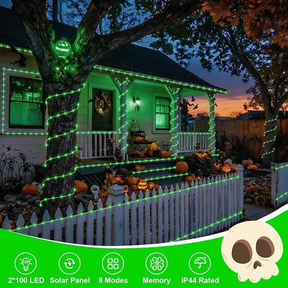 QITONG Green Solar Halloween Lights Outdoor Waterproof, 2 Pack Each 33ft 100 LED Rope Lights, Fairy Lights in Clear Thin Tube with 8 Modes