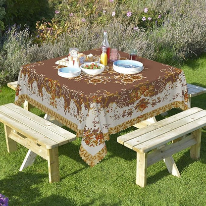 French Floral Square Tablecloth Brown Flowers Tablecloths Vintage Luxury Classic Design Waterproof Square Polyester Resistant Table Cover for Picnic Dinner Decor 60x60 Inch