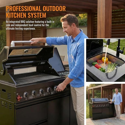 63 Inch Outdoor Kitchen Island, 6-Burner 85000 BTU Propane Stainless Steel BBQ with Side/Rear Burners, With Sink, Rotisserie, Marble Countertops, Storage, For Backyard BBQ