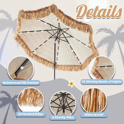 CroBlissful 9 ft Solar Tiki Umbrella with 32 LED Lights, Hula Thatched Patio Umbrella, UPF 50+, Hawaiian Style Beach Parasol for Garden, Beach, Pool, and Backyard