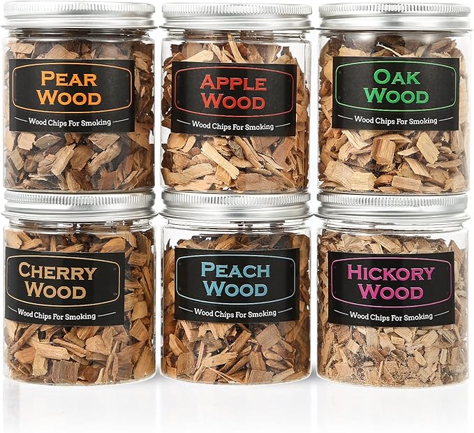 6Pack Natural Wood Chips for Smoker Grill and Smoking Gun, Oak, Pecan, Apple, Pear, Cherry and Peach About 80g Each, Smoker Woodchips for BBQ Smoking Beef Pork Chicken Fish and Whisk