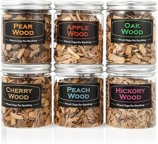 6Pack Natural Wood Chips for Smoker Grill and Smoking Gun, Oak, Pecan, Apple, Pear, Cherry and Peach About 80g Each, Smoker Woodchips for BBQ Smoking Beef Pork Chicken Fish and Whisk