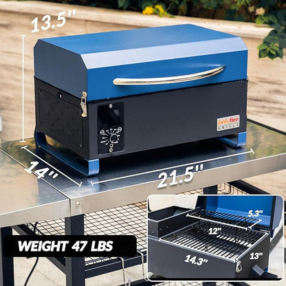 ONLYFIRE GRILLS BBQ Wood Pellet Grill Smoker with Digital Control, Meat Probe & 2 Tiers Cooking Area, Portable Tabletop Grilling Stove for BBQ, Smoke, Bake and Roast, RV Camping, Blue GS313